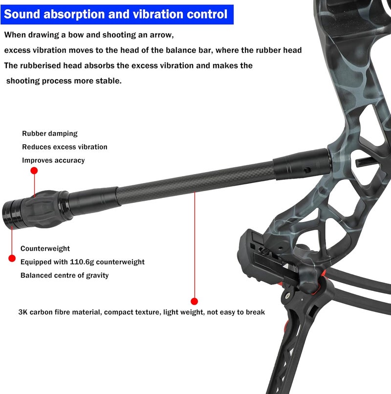 limaity Bow Stabilizer for Compound Bow 6" 8" 10" 12" 15" Archery 3k Carbon Balance Bar Absorber with Weights Absorption for Bow Hunting Shooting - Image 3